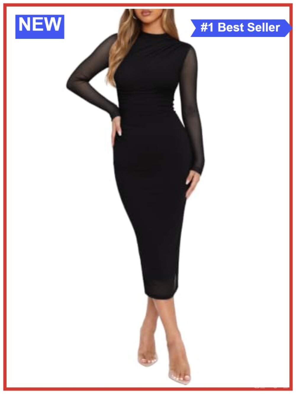 Mesh Sheer Long Sleeve Bodycon Midi Dress Wedding Guest Cocktail